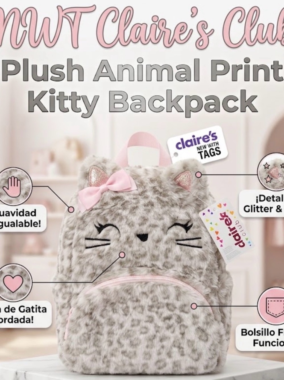NWT Claire's Plush Grey Kitty Backpack with Pink Bow and Accents C14